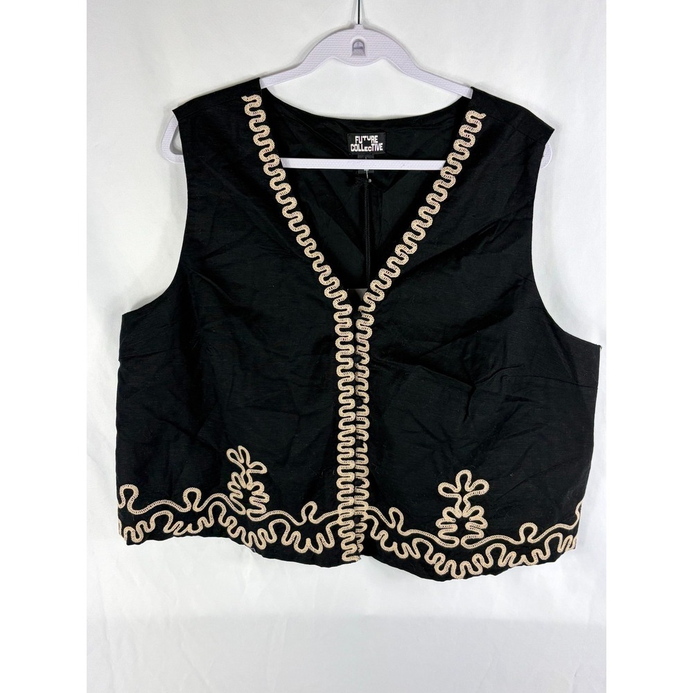 Future Collective Vest 1X Black Cotton Linen Embroidered Soutache Boho Coastal